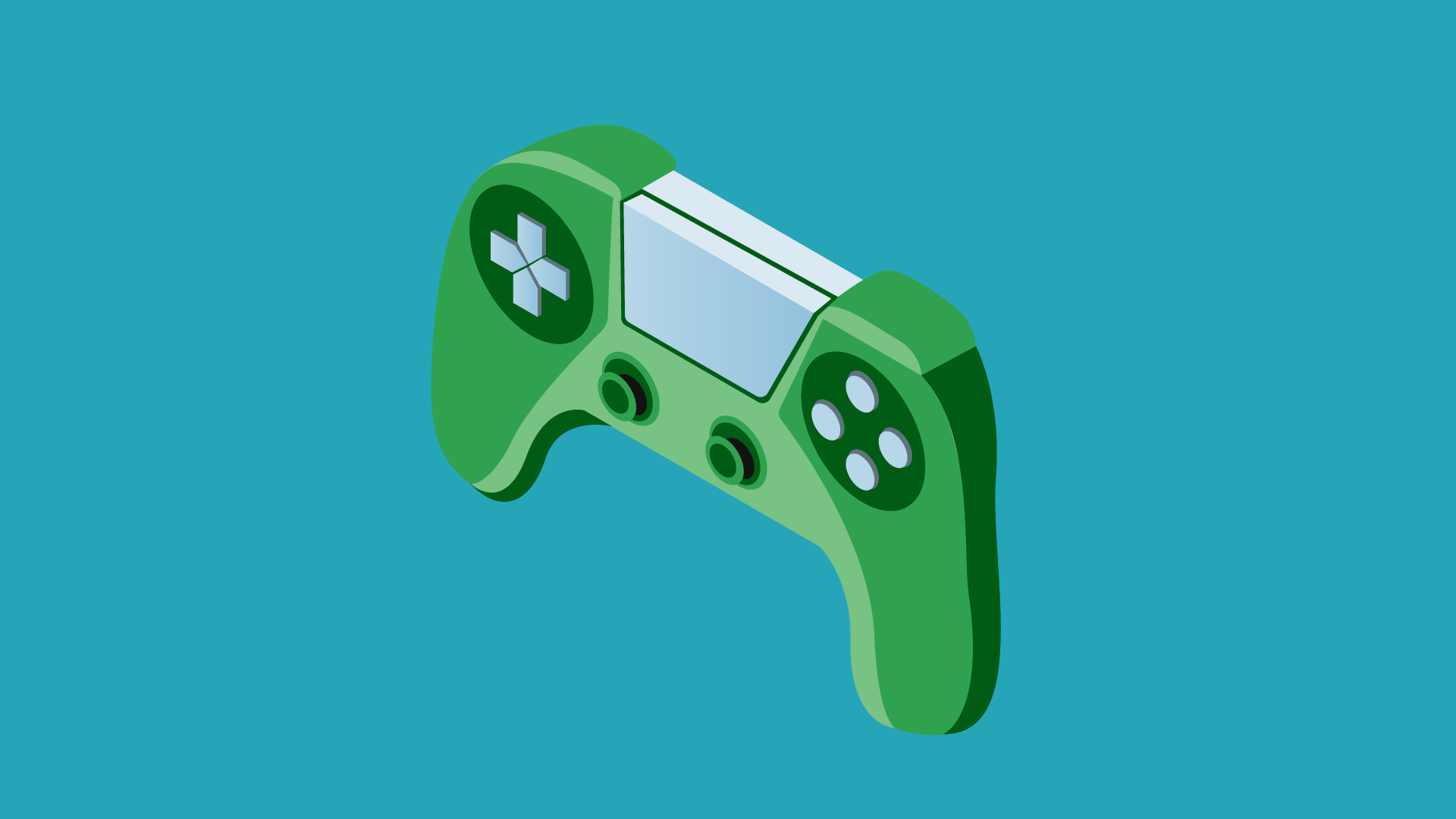 Illustration of a green gaming controller on a blue background.