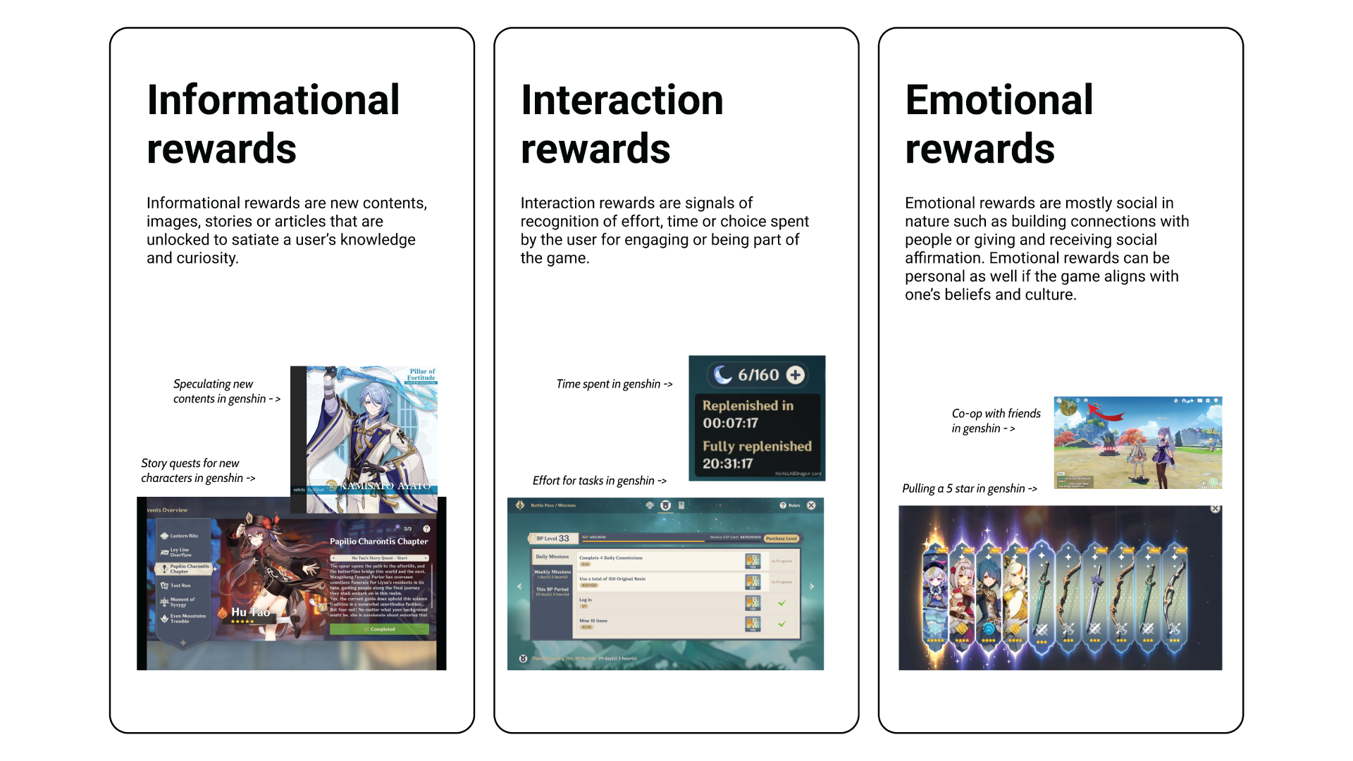 Three tiles showing the difference between "Informational", "Interaction" and "Emotional" rewards.