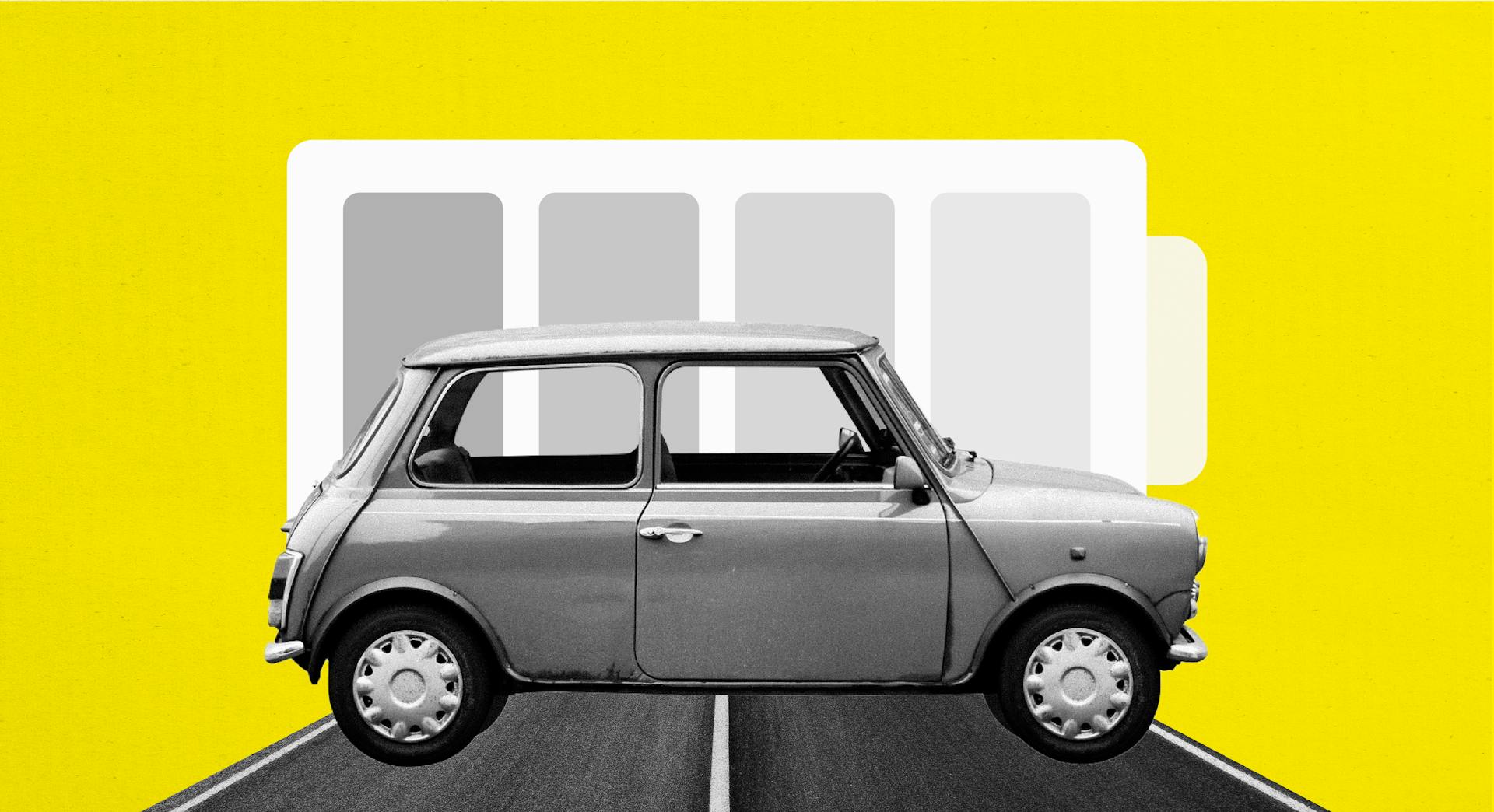 An illustration of a mini cooper car on a yellow background with a battery symbol. 