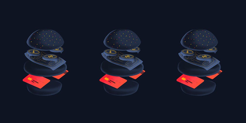 An abstract illustration of three burgers with navy blue buns and filling, with coins, bank notes and bright red bank cards instead of meat