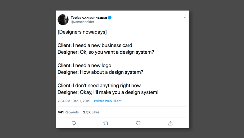Screenshot of a Tweet depicting a conversation between designers and client
