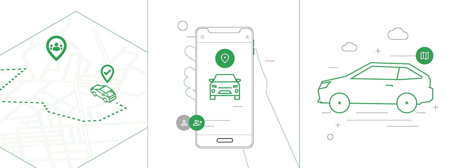 Illustration of a car journey on a map, a phone screen showing the car's location and a car in motion.