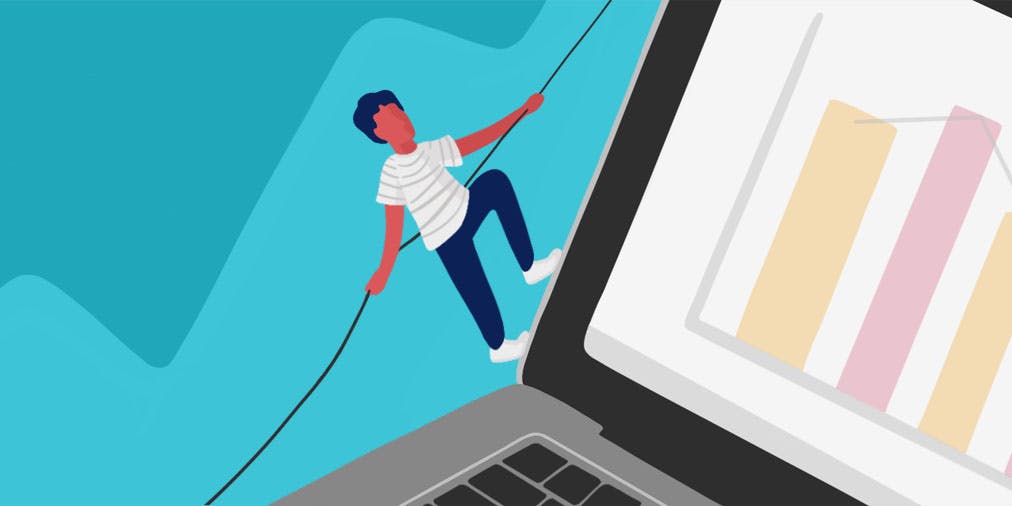 A person climbing a rope, the rope is up the side of a laptop screen. 