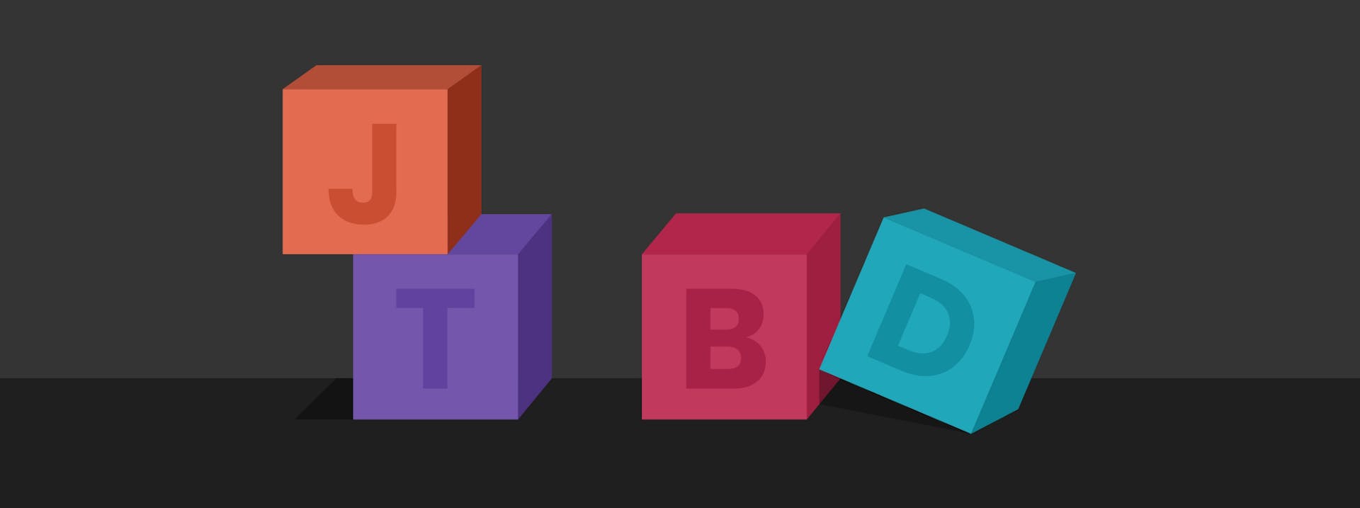 Illustration of four cubes in orange, purple, red and blue with the letters J, T, B and D etched onto them