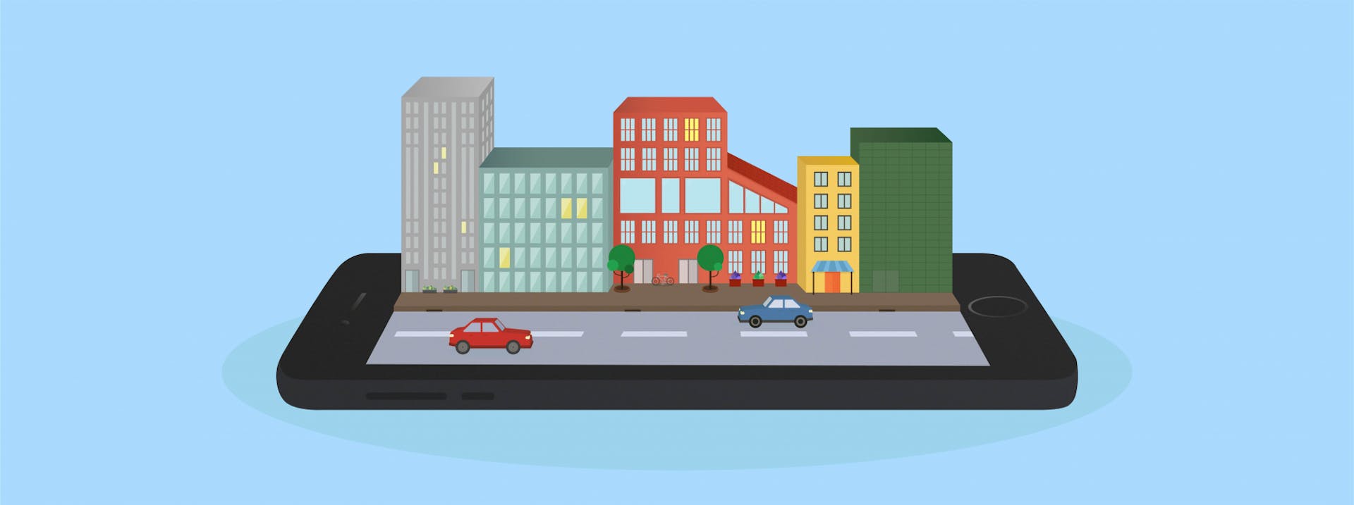 Illustration of an urban street popping out of a smartphone screen, with colourful buildings and cars driving along the road
