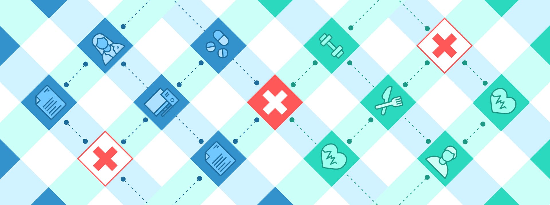 Illustration of a blue and green grid with icons in the squares related to health including doctors, red crosses and an ECG diagram