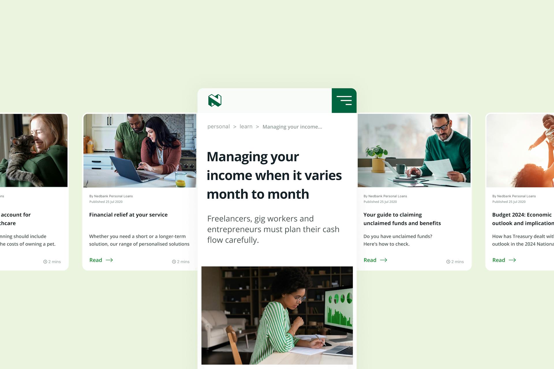 A series of screen shots taken from a banking app, set on a light green background.