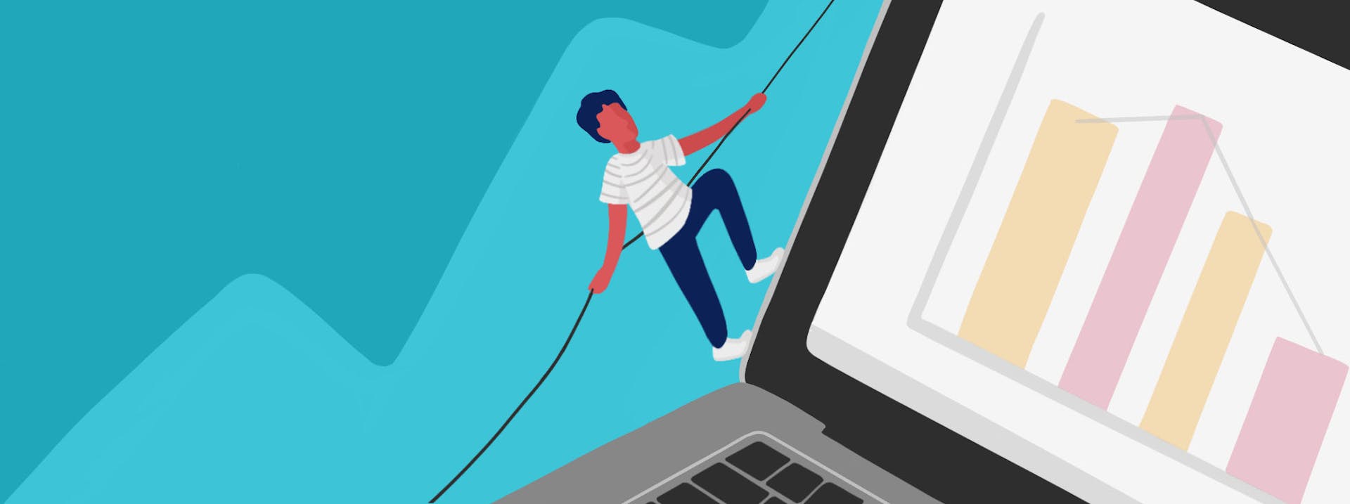 A person climbing a rope, the rope is up the side of a laptop screen. 