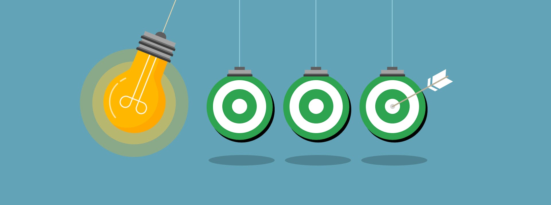 A lightbulb swinging next to three targets, one with an arrow in. 