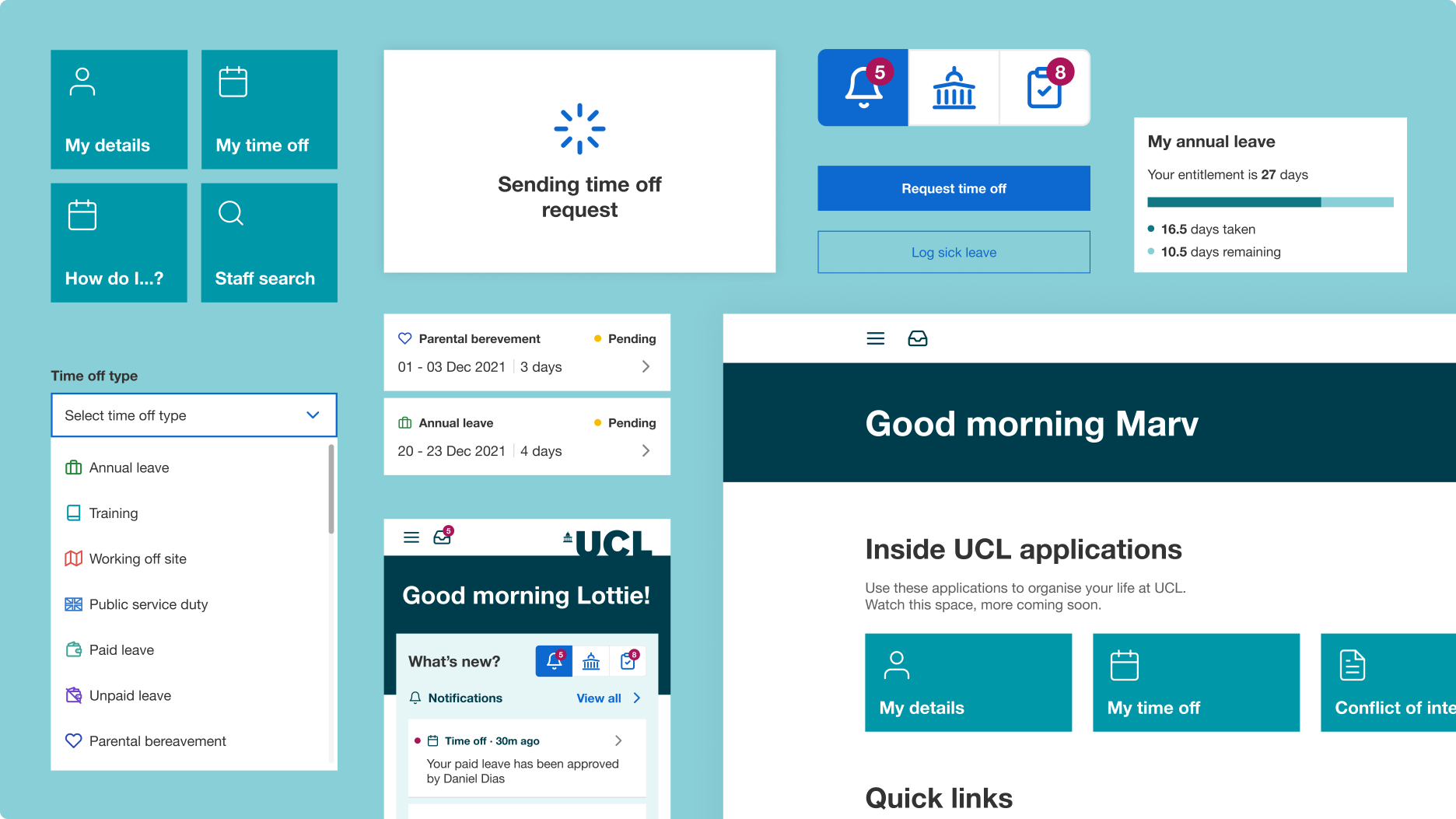 Collection of illustrations and visuals from UCL employee experience platform
