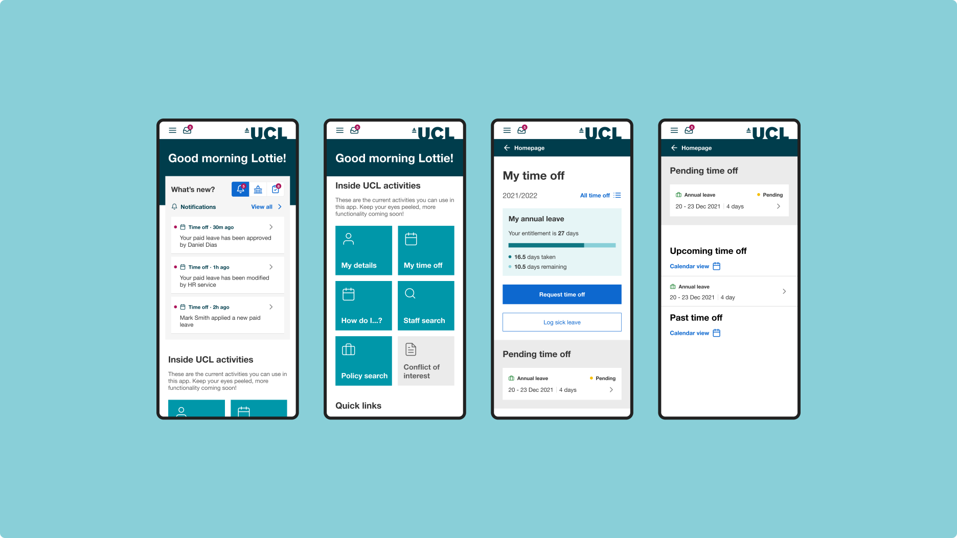 A row of four smartphone mockups showing screens of the UCL employee experience platform