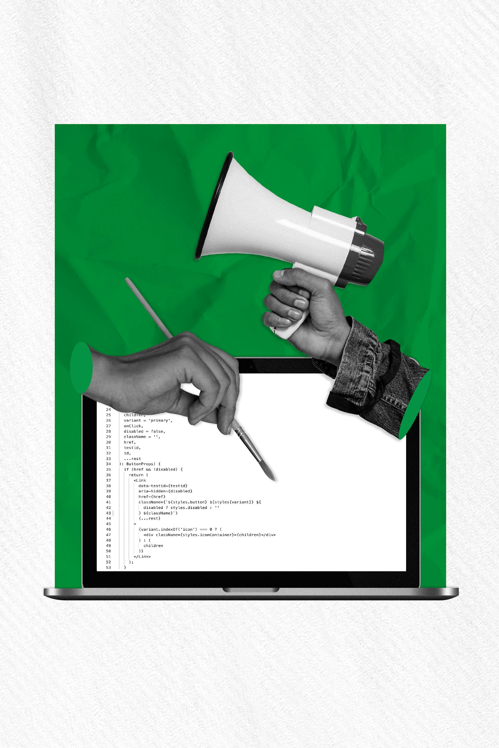 Illustration of a laptop on green background flanked by one hand holding a megaphone and another holding a paintbrush