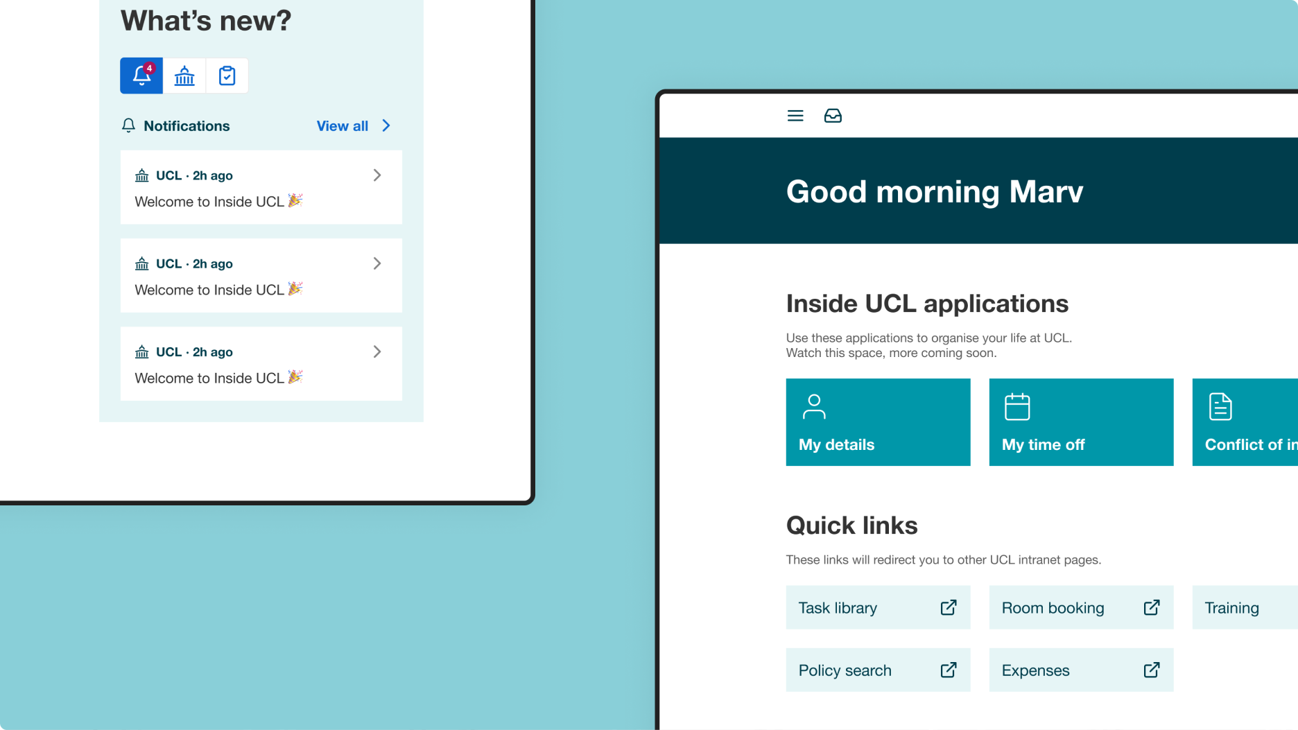 Screenshots of the UCL employee experience platform showing what's new and quick links