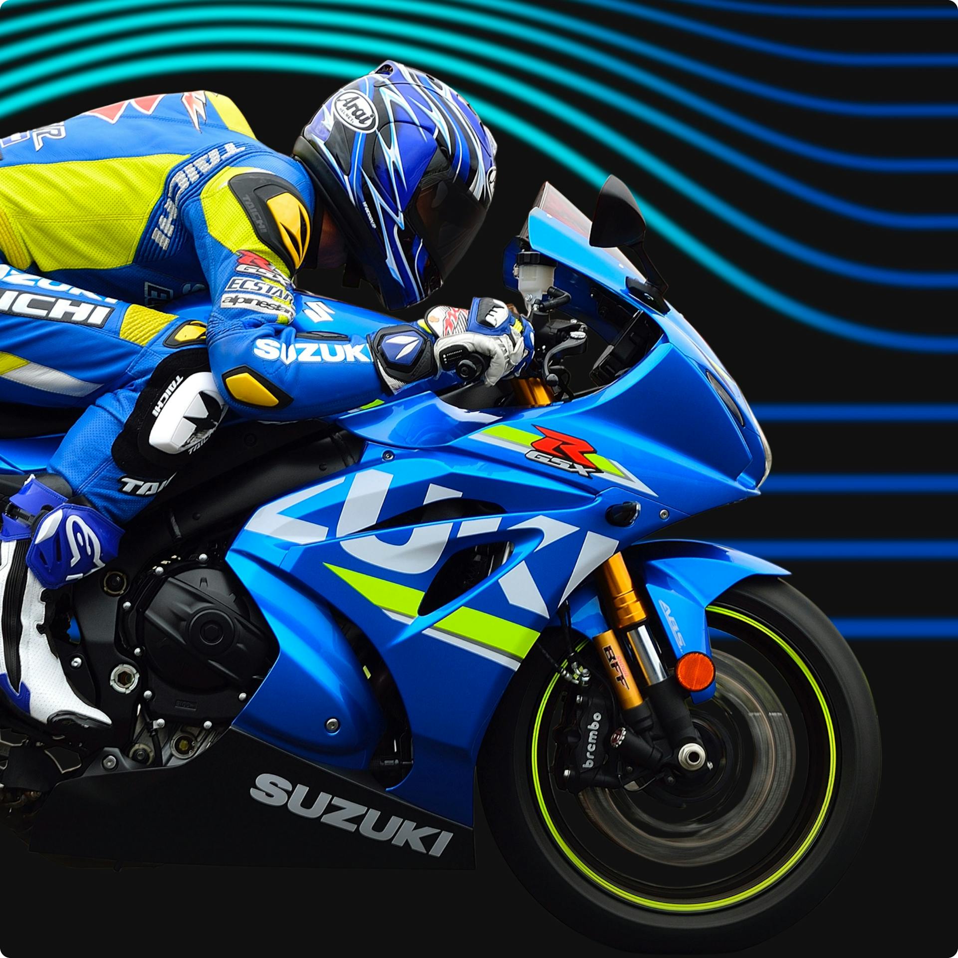 Stylised image of a person in blue Suzuki biker gear riding a Suzuki bike at speed