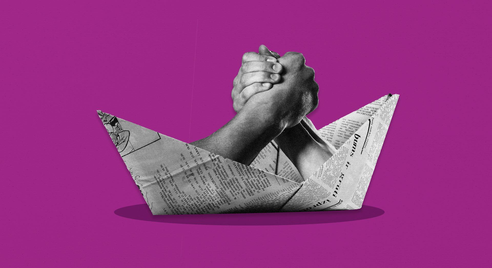 A collage on a lilac background shows two hands in an arm wrestle, sitting in a newspaper folded boat.