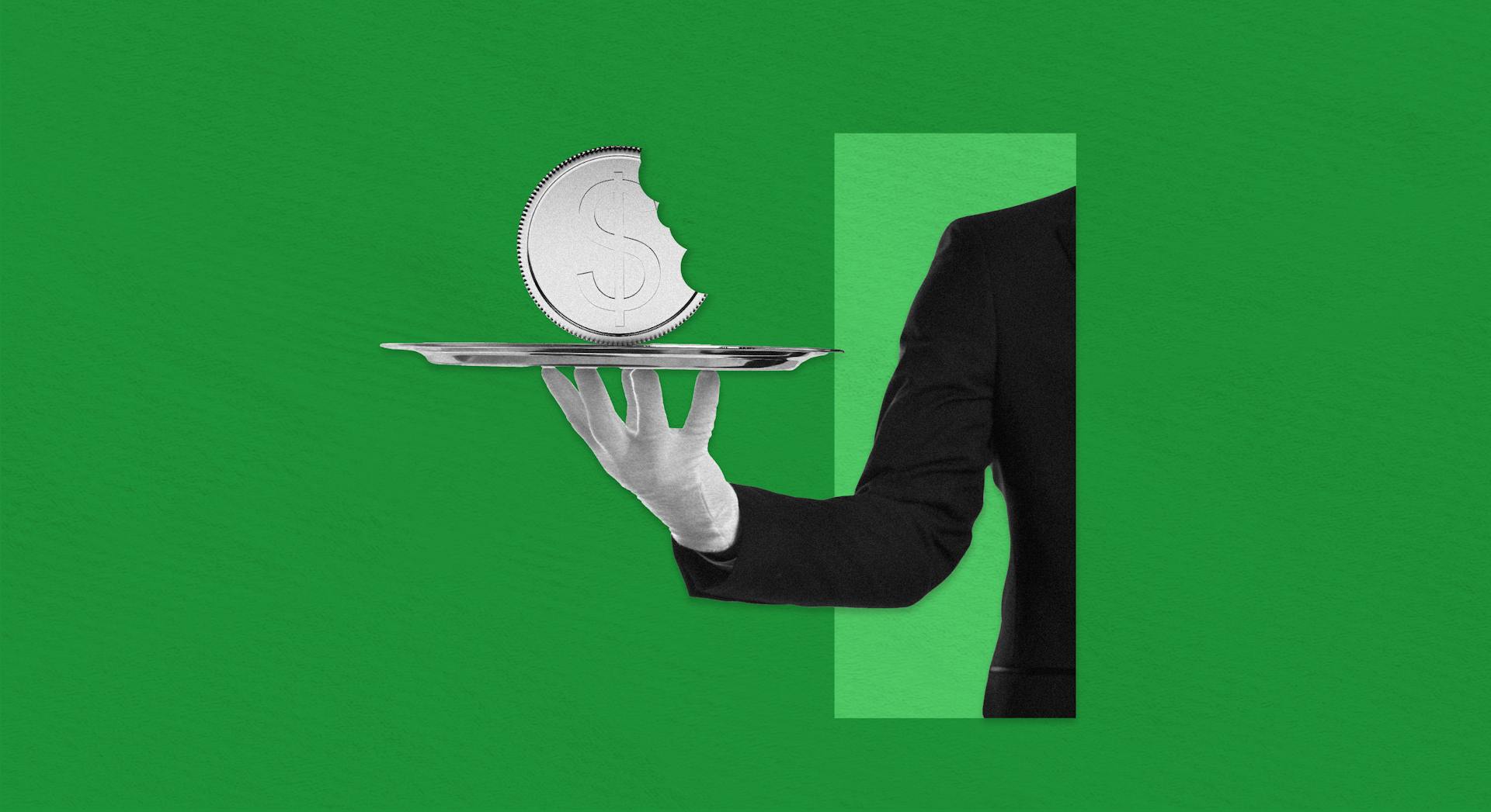 An illustration of someone holding a coin with a bite taken out of it - on a green background. 