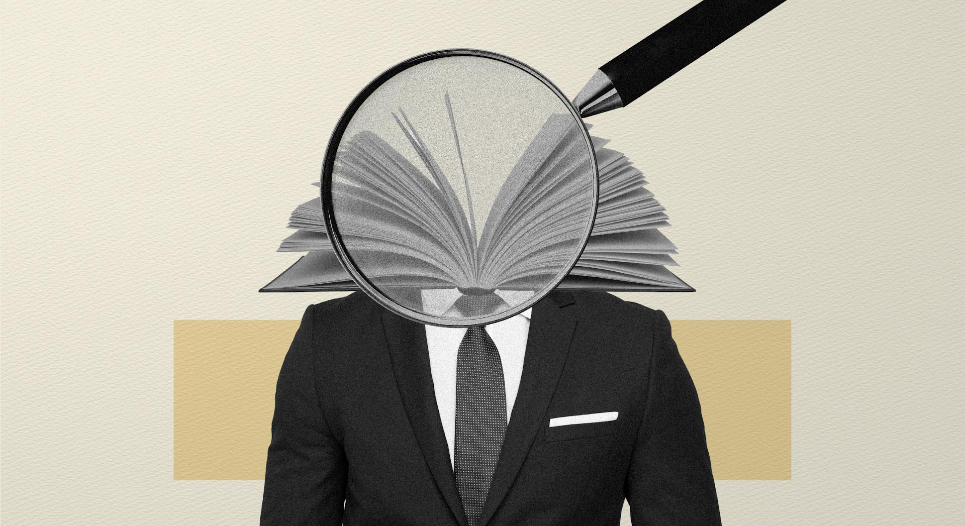 An illustration of a person in a suit with an open book for a head. 