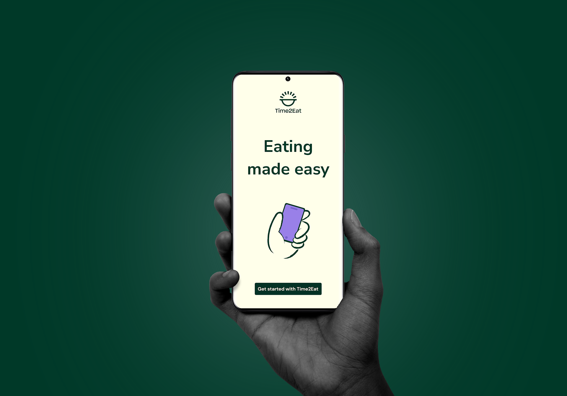 A hand holding up a smartphone showing an app launch screen that read "Eating made easy"