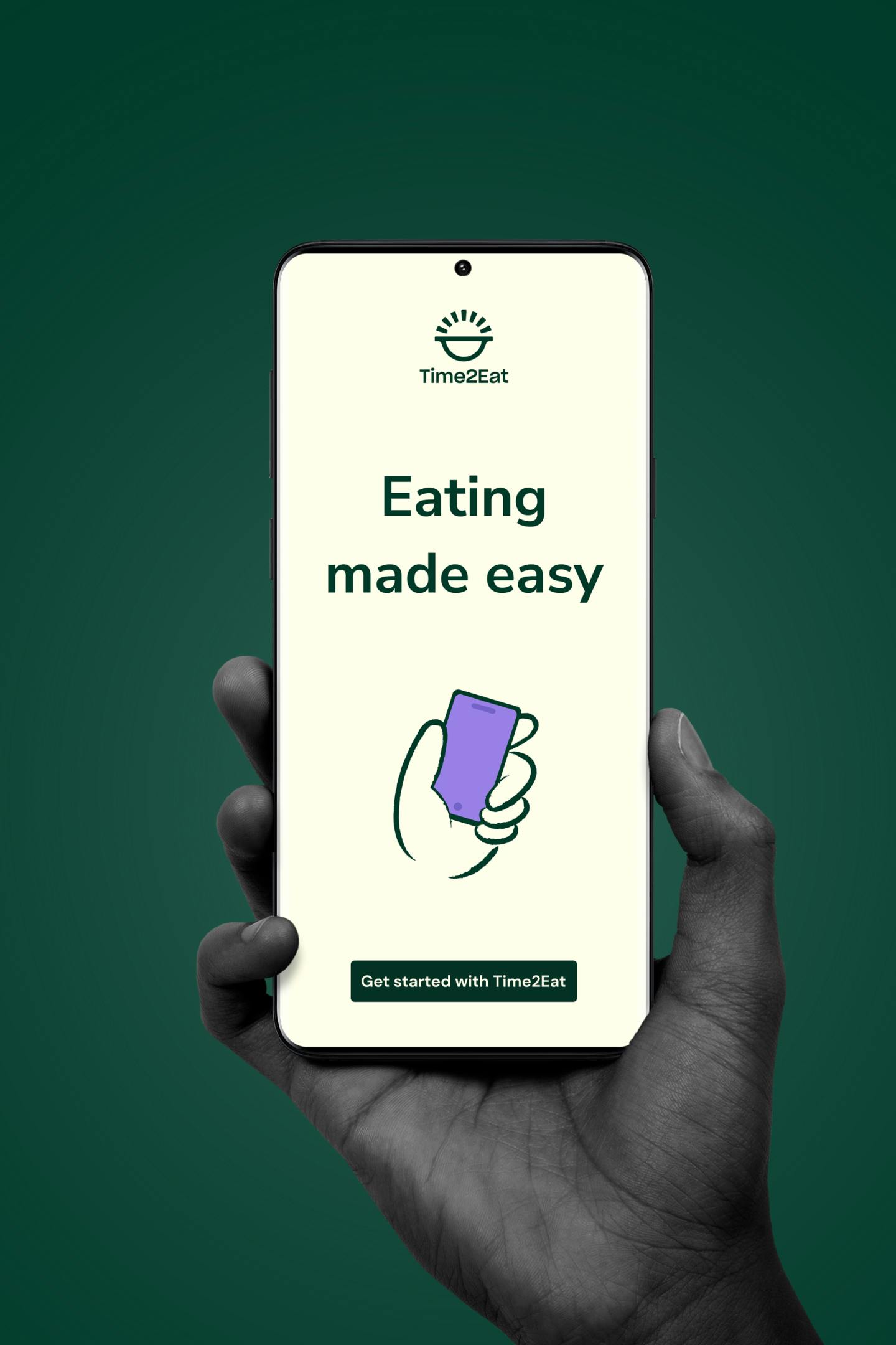 Image of a grey hand holding up a phone with the landing screen of an app for Time to Eat