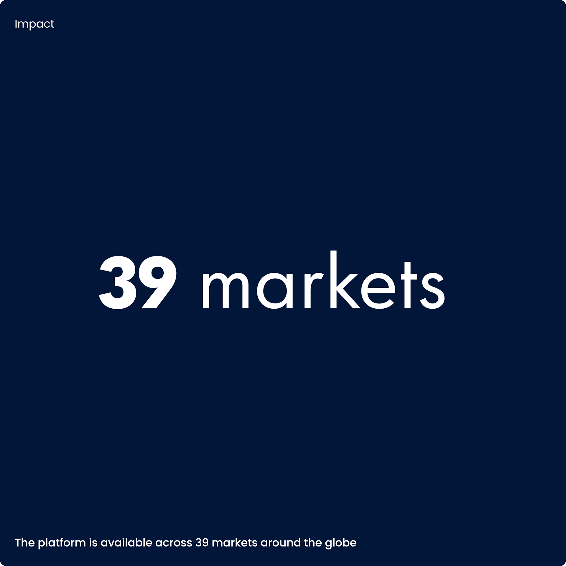 On a dark navy background, white letters say "39 markets"