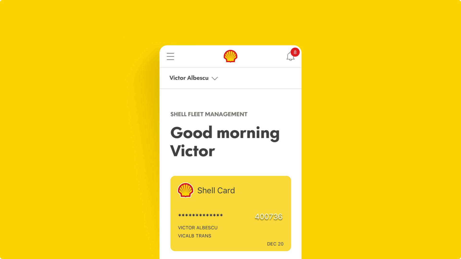The Shell Fleet Hub welcome screen, with a good morning message and an example of a Shell Card below.