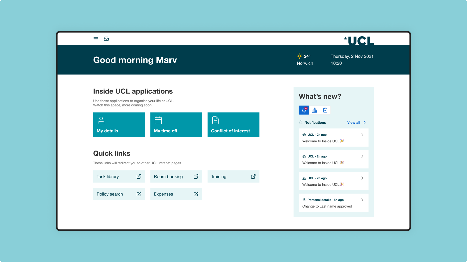 Screenshot of the homepage of UCL employee experience dashboard