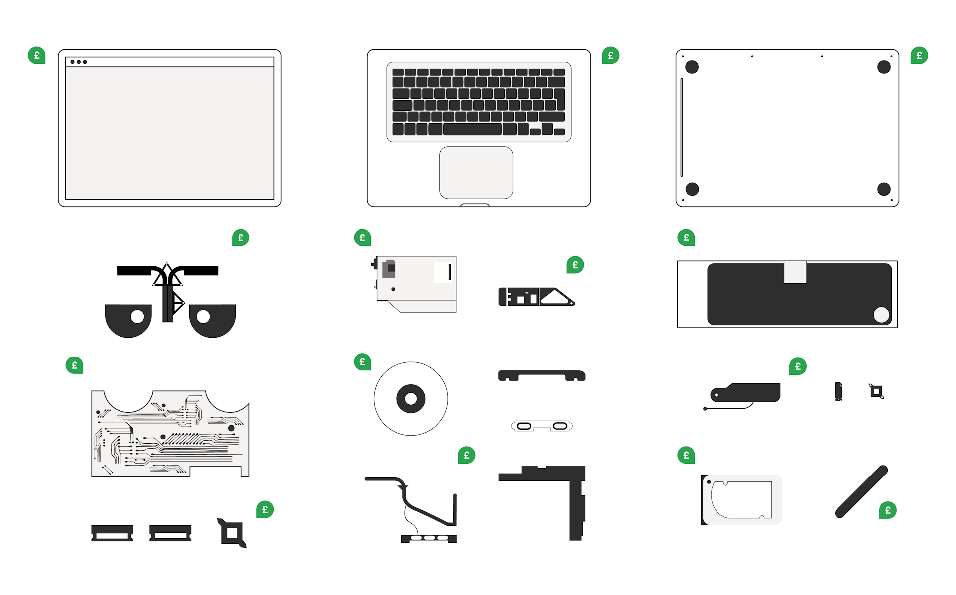 Illustration of laptop components being broken down, each with a green pound sign symbol next to them.