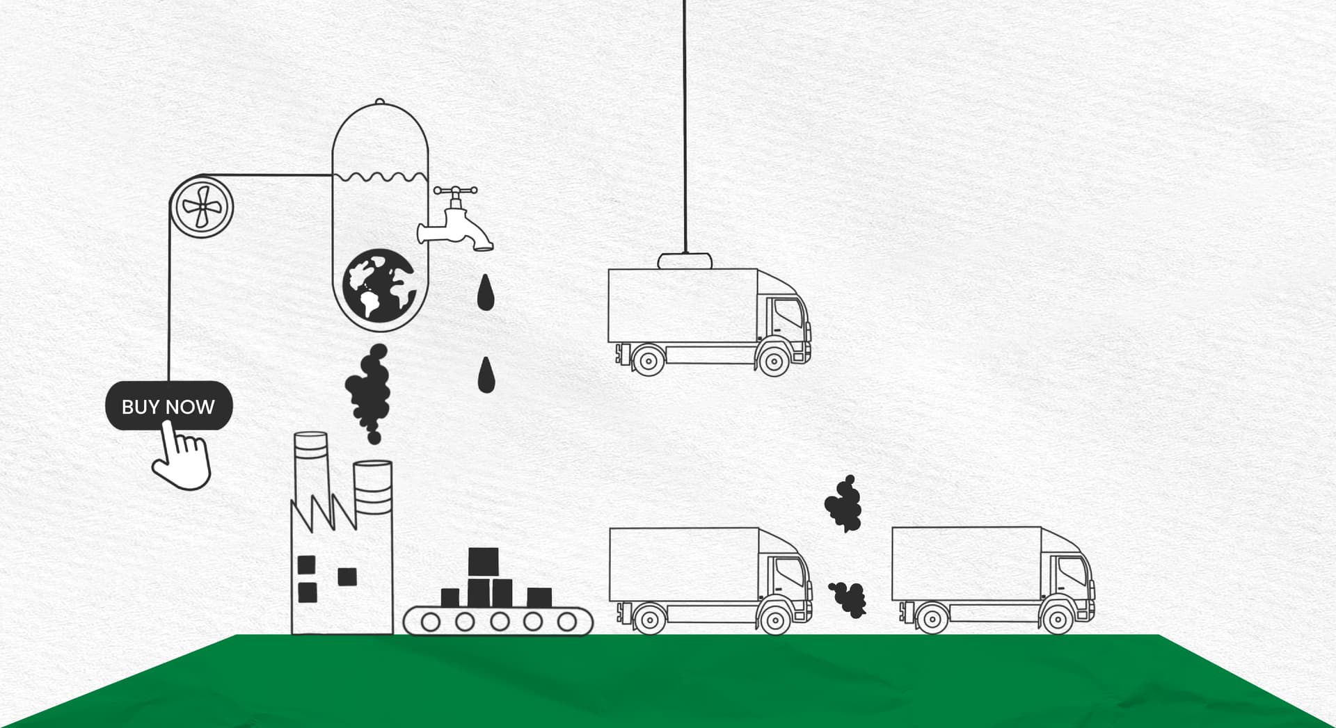 An illustration that depicts the earth's temperature rising, whilst more lorries are being churned out and burning fossil fuel. An illustration that depicts the earth's temperature rising, whilst more lorries are being churned out and burning fossil fuel.