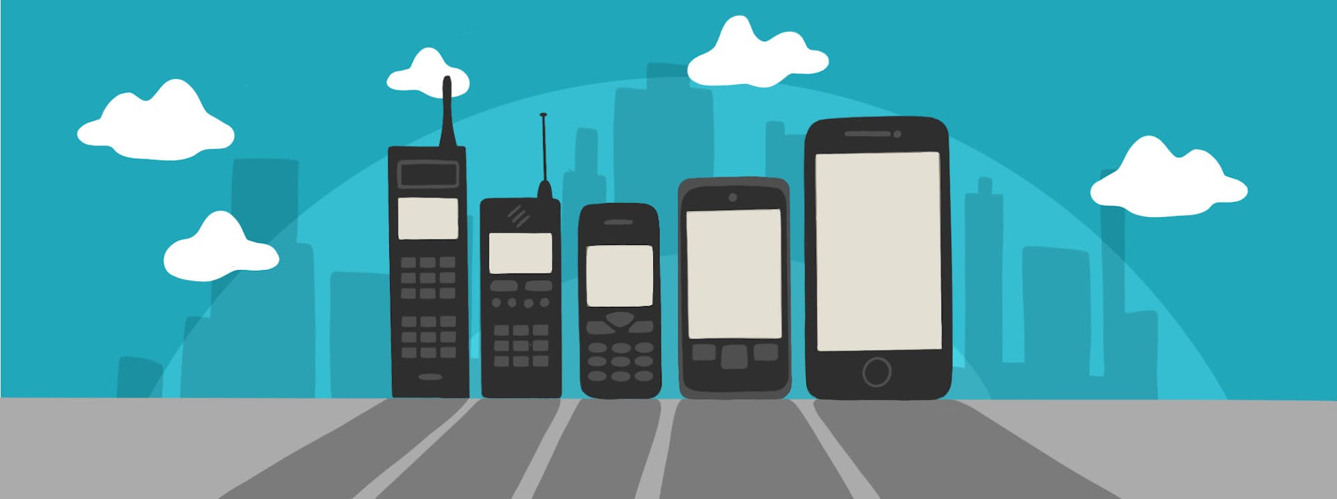 Illustration of a row of mobile phones from an old 1990s handset to a modern smartphone, with a blue background studded with white fluffy clouds