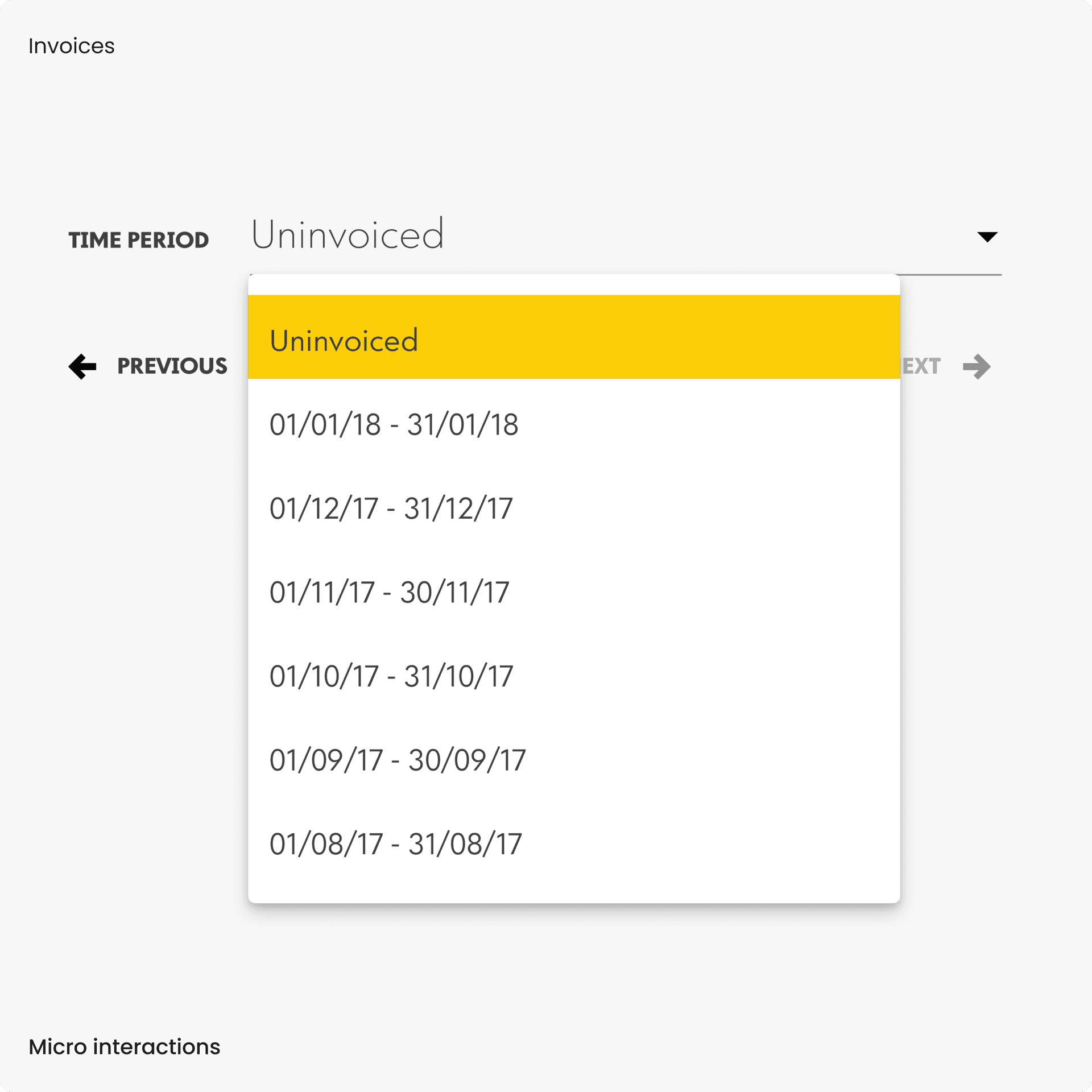 A drop down menu showing time periods that are missing invoices. A drop down menu showing time periods that are missing invoices.
