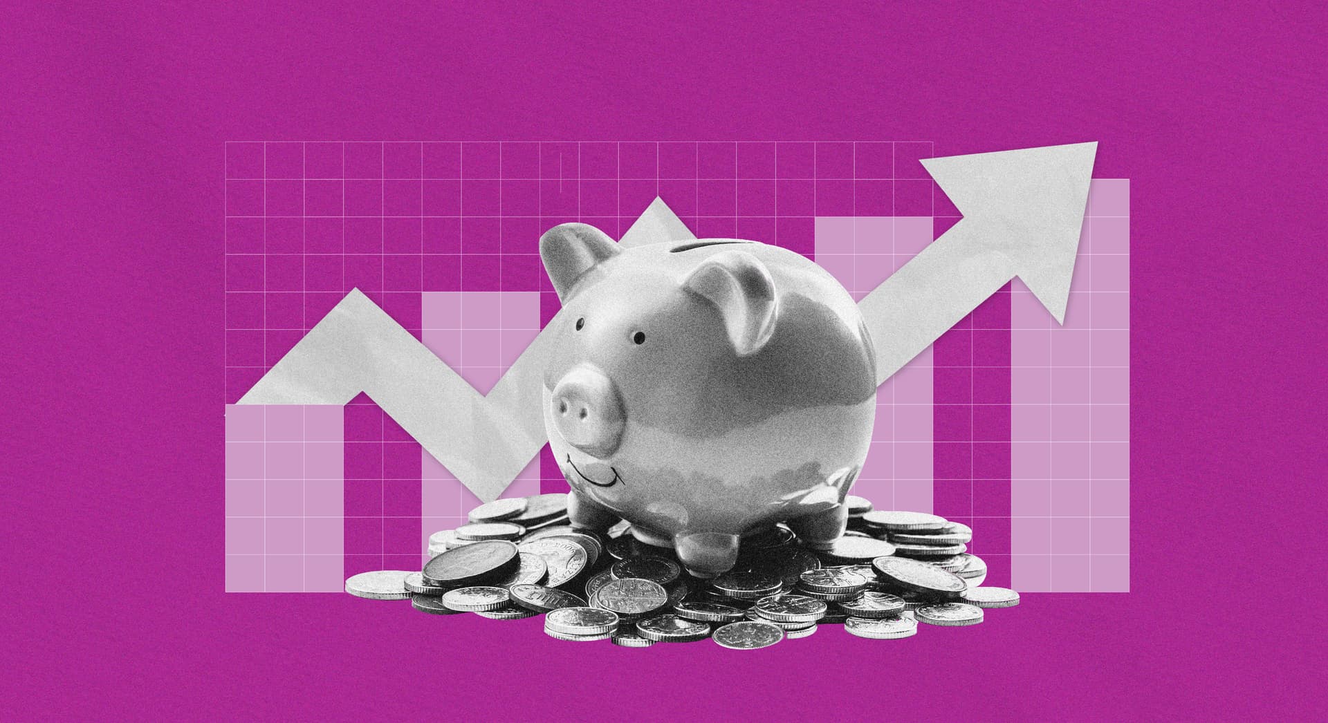 An illustration of a piggy bank on a pile of coins, with a bar chart in the background. An illustration of a piggy bank on a pile of coins, with a bar chart in the background.