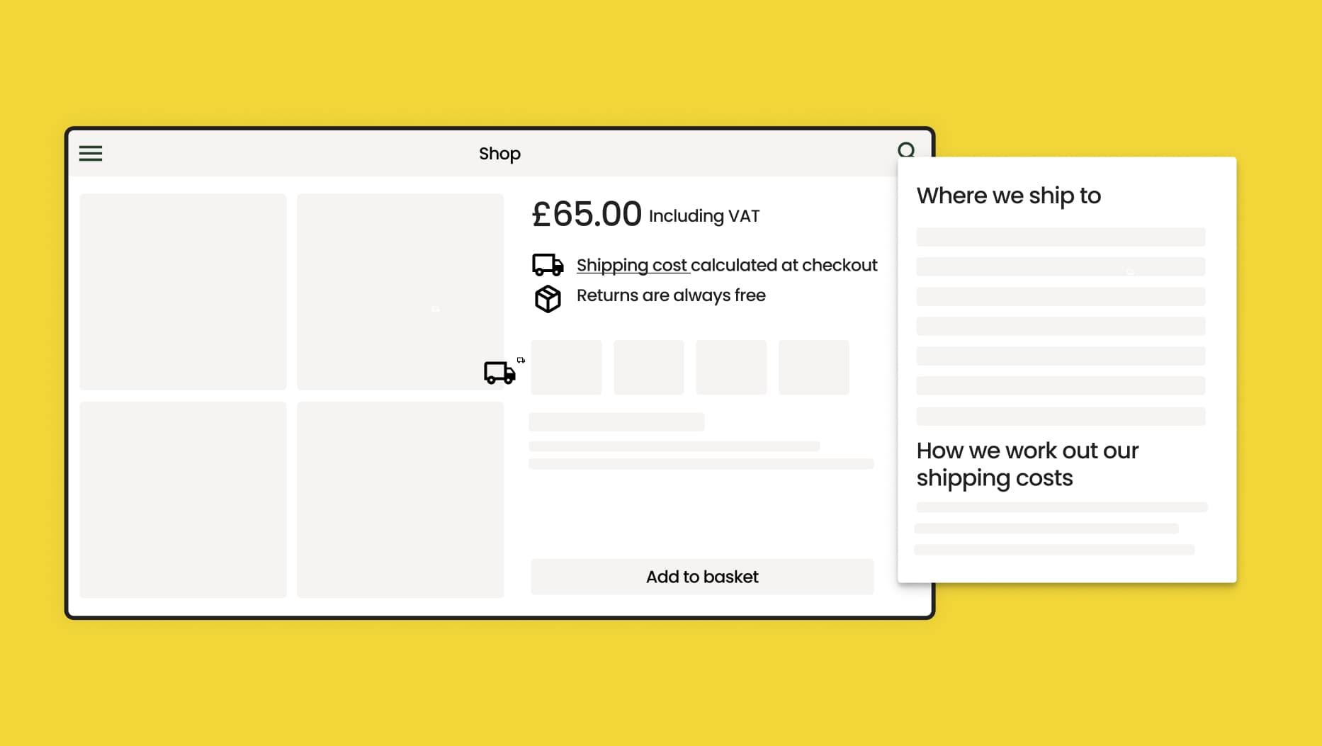 Illustration of options for displaying shipping costs (with initial base price, as a modal). Illustration of options for displaying shipping costs (with initial base price, as a modal).