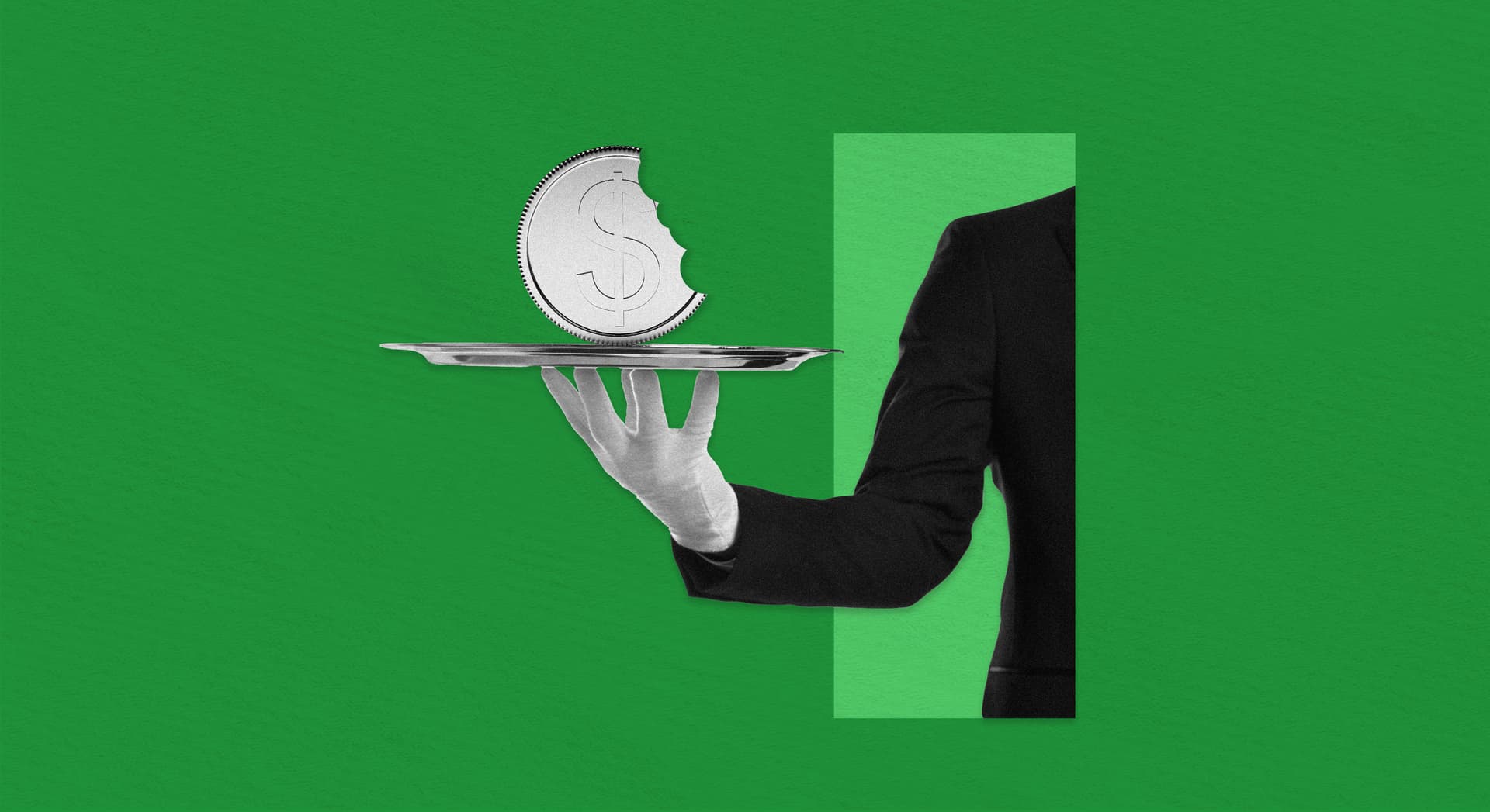 An illustration of someone holding a coin with a bite taken out of it - on a green background. An illustration of someone holding a coin with a bite taken out of it - on a green background.
