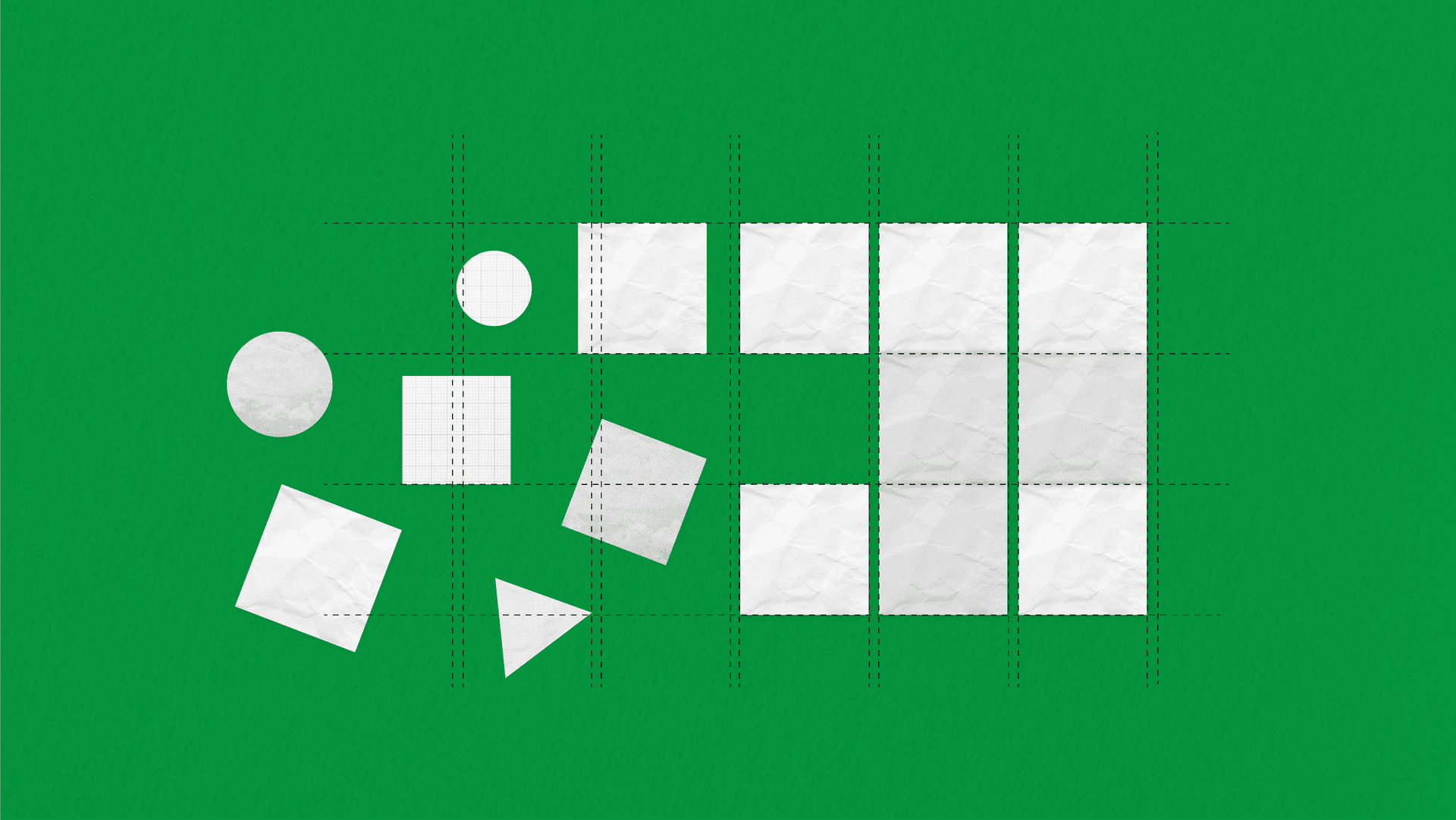 Blocks move into a more organised formation from left to right, on a green background. Blocks move into a more organised formation from left to right, on a green background.