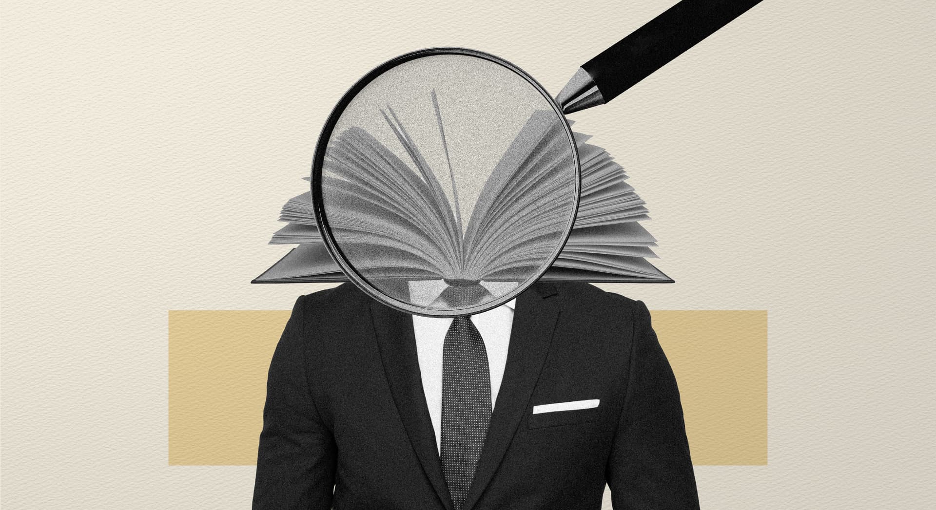 An illustration of a person in a suit with an open book for a head. An illustration of a person in a suit with an open book for a head.