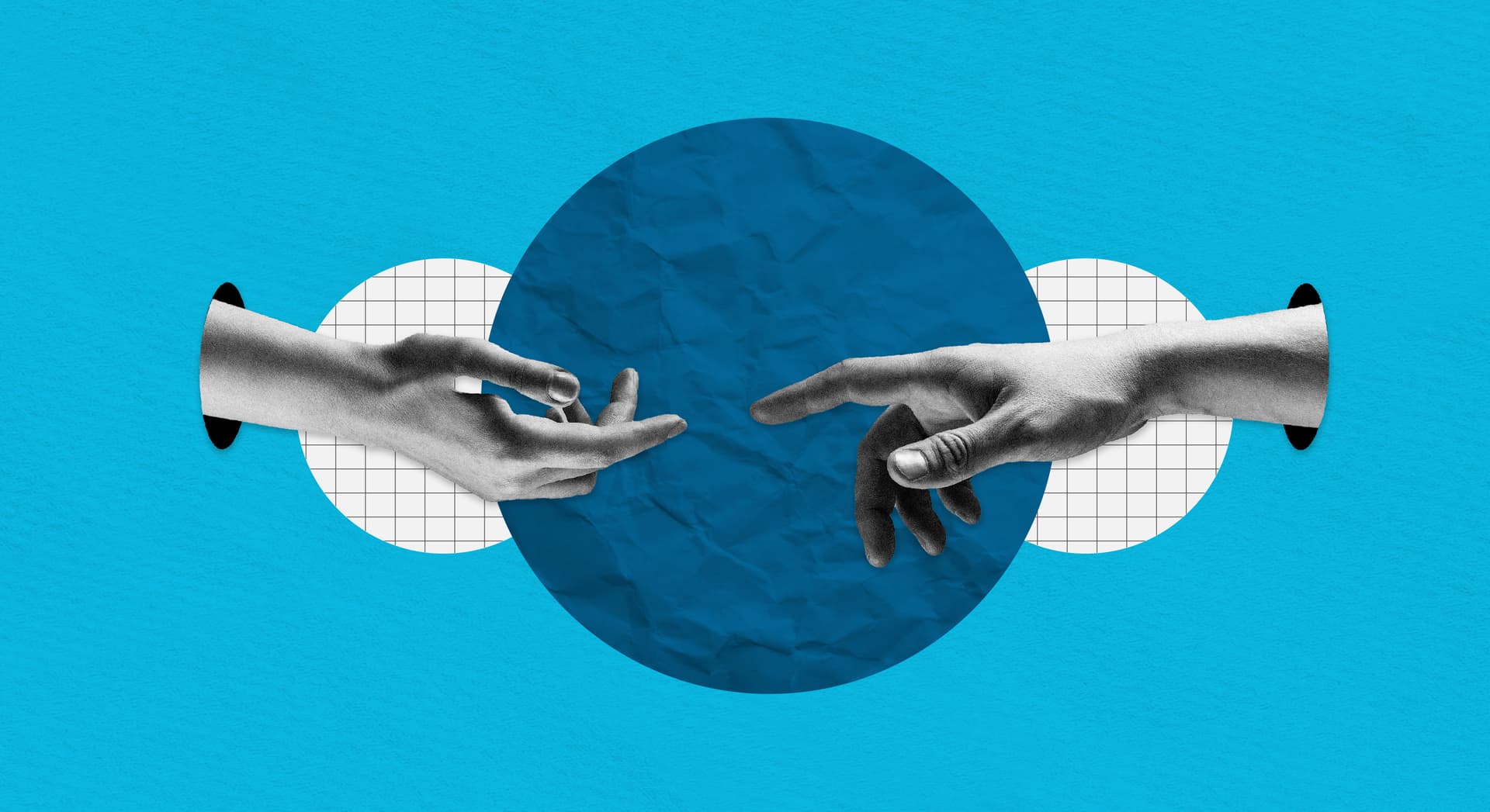 An illustration of two hands reaching out to each other on a blue background. An illustration of two hands reaching out to each other on a blue background.