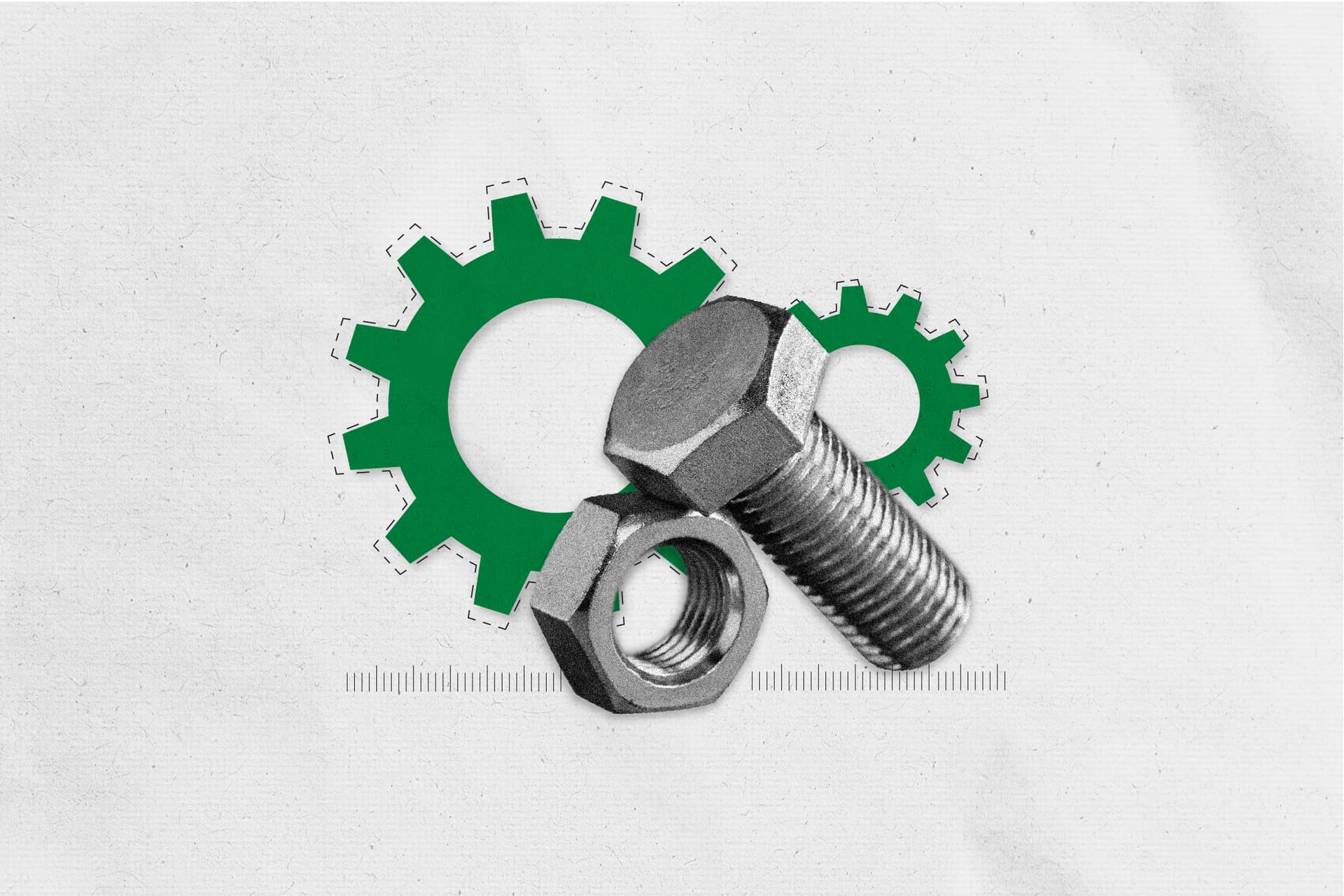 Nuts and bolts with green cogs behind them. Nuts and bolts with green cogs behind them.