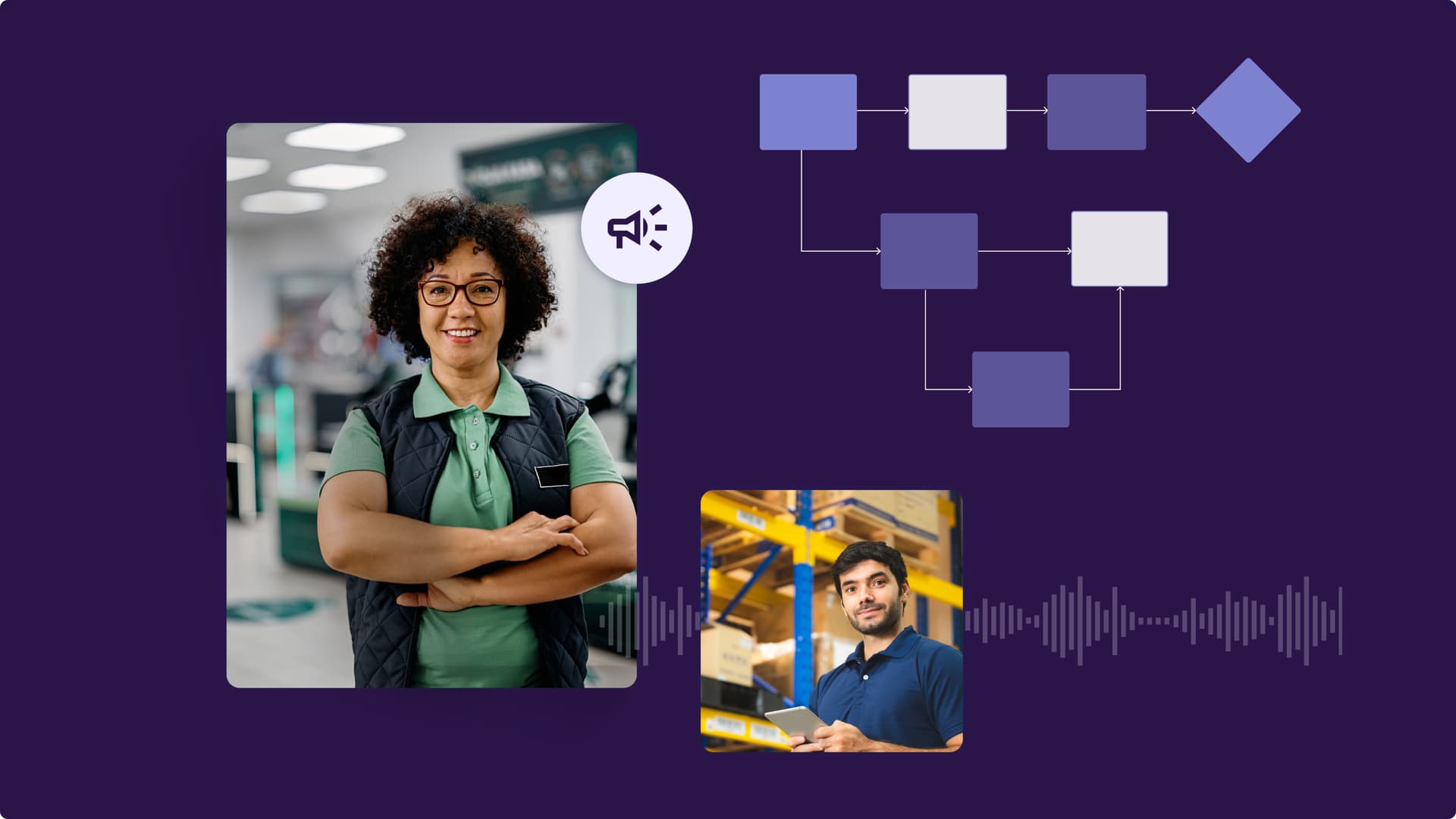 Two employees with a map of a technology system around them. Two employees with a map of a technology system around them.