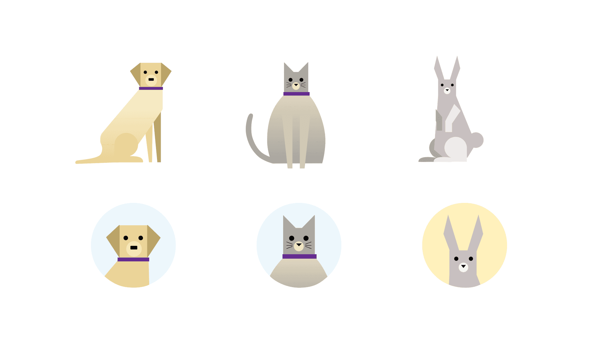 Illustrations of a dog, cat and rabbit, with the row below showing their faces framed on blue and yellow circular backgrounds. Illustrations of a dog, cat and rabbit, with the row below showing their faces framed on blue and yellow circular backgrounds.