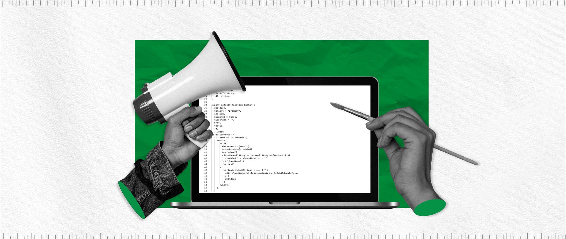 Illustration showing a laptop screen flanked by one hand holding a megaphone and another holding a paintbrush Illustration showing a laptop screen flanked by one hand holding a megaphone and another holding a paintbrush