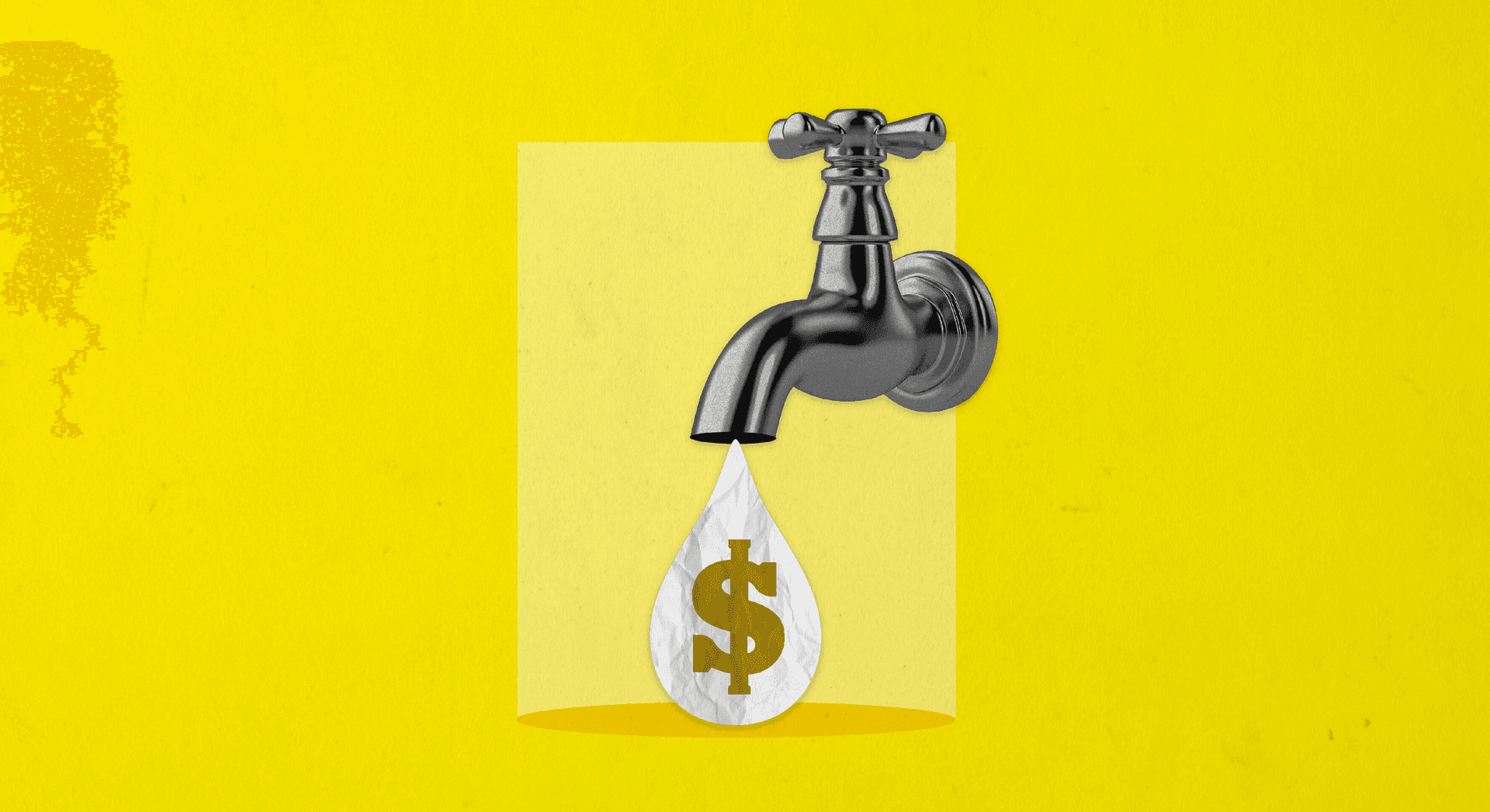 A collage of a silver tap on a yellow background. A white water drip emerges from the tap with a dollar sign on. A collage of a silver tap on a yellow background. A white water drip emerges from the tap with a dollar sign on.