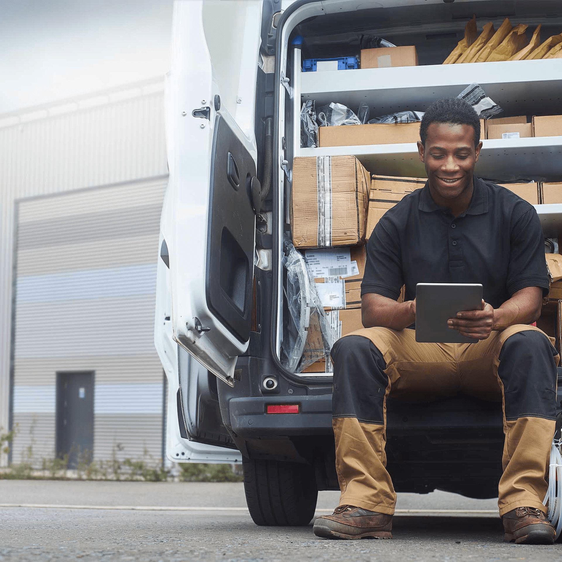 A man sits in the back of his van, looking at a tablet. A man sits in the back of his van, looking at a tablet.